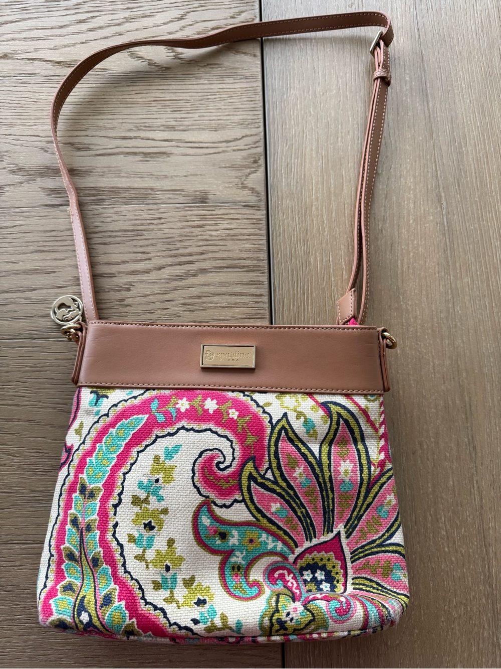 Spartina 449 Pink Teal Paisley Crossbody with Tan Trim